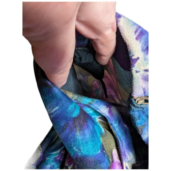 Vtg 1980s Green Purple Floral Felt Drop Waist Ruffle Long Sleeve Midi Dress 10 - Picture 3 of 4